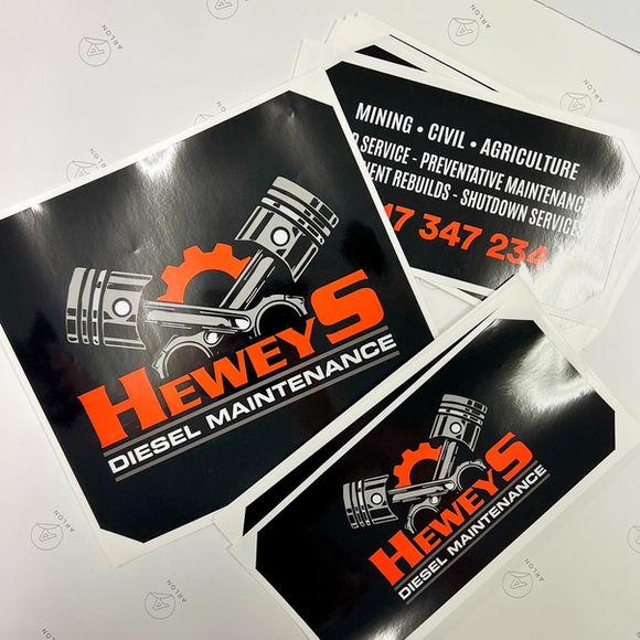 Hewey's Diesel Maintenance laminated stickers for eskies.