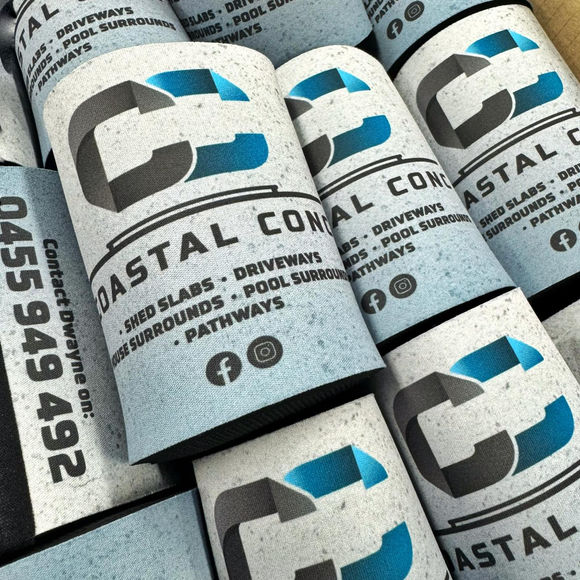 A box of Coastal Concrete stubby coolers.