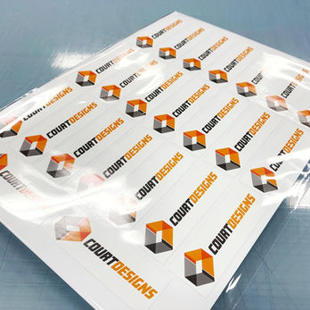 Sheets of custom rectangular stickers.