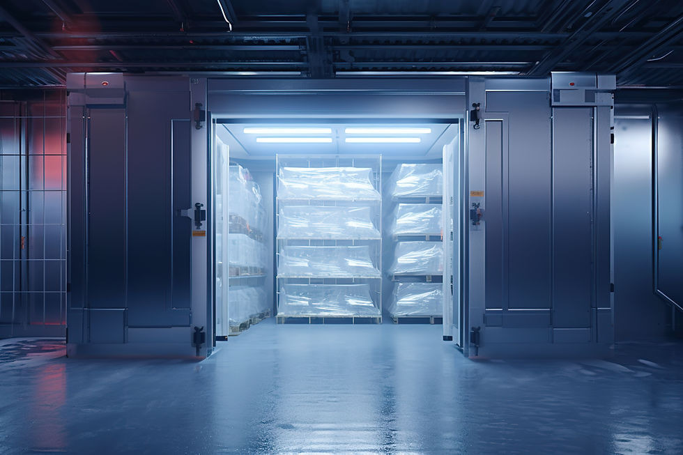 Open industrial freezer room with wrapped pallets on shelves, glowing blue lights, and a clean, cold, sterile mood