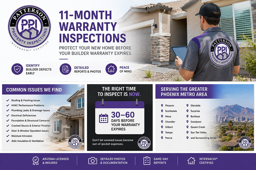 Phoenix 11-month warranty inspection for new construction homes by Patterson Property Inspections helping homeowners identify builder defects before warranty expiration.