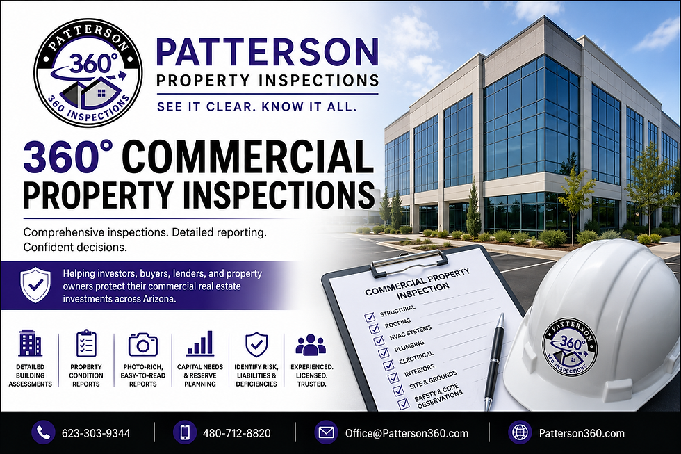 Full detailed commercial inspections being performed by Patterson Property Inspections with a hardhat with their logo and a building in the background