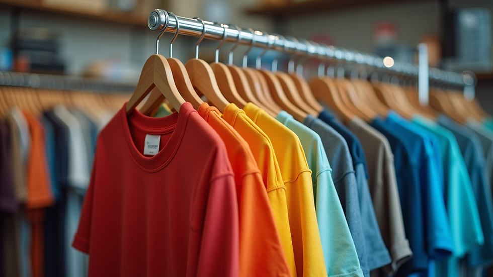 Eye-level view of a clothing rack with colorful custom t-shirts