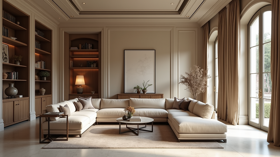 High angle view of a luxury showroom featuring elegant furniture and decor