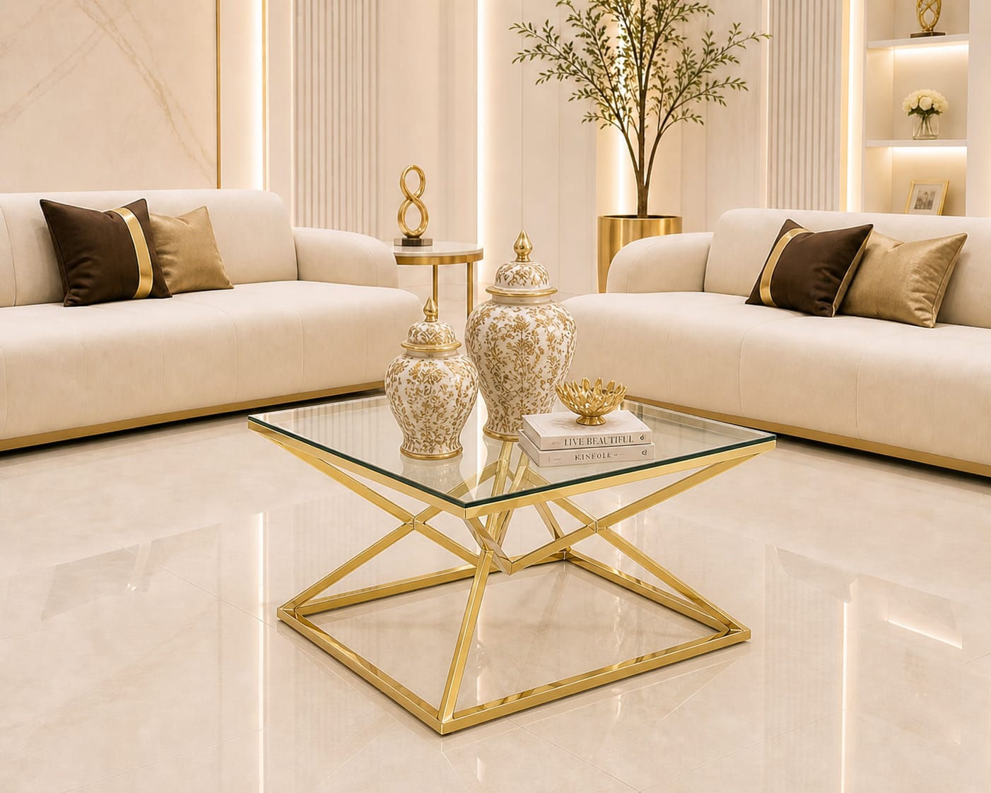 Luxury Coffee Table with Gold Base and Clear Glass Top
