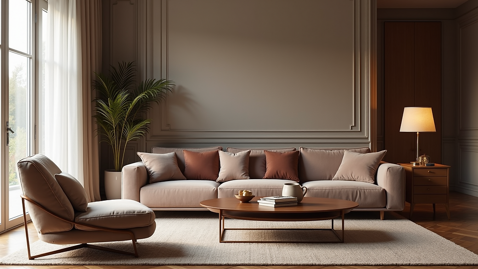 High angle view of a luxury living room with a velvet sofa and designer coffee table