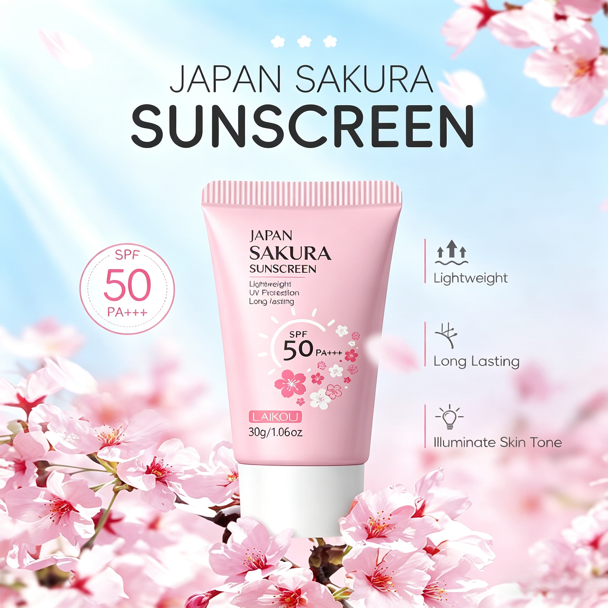 LAIKOU Sakura Sunscreen Cream SPF50+ UV Protection Face Body Refreshing Waterpro