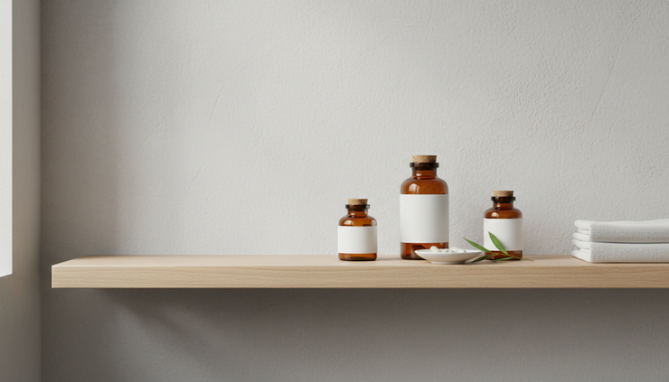 Wide-angle view of a tidy bathroom shelf with a few labeled supplement bottles and open space