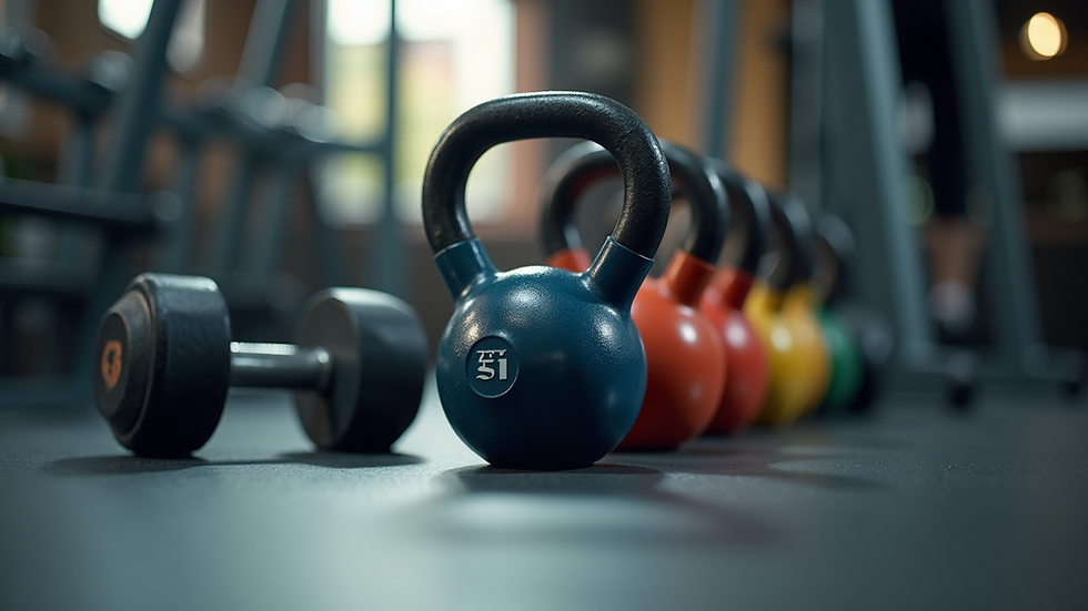 Close-up view of kettlebell and dumbbells on gym floor