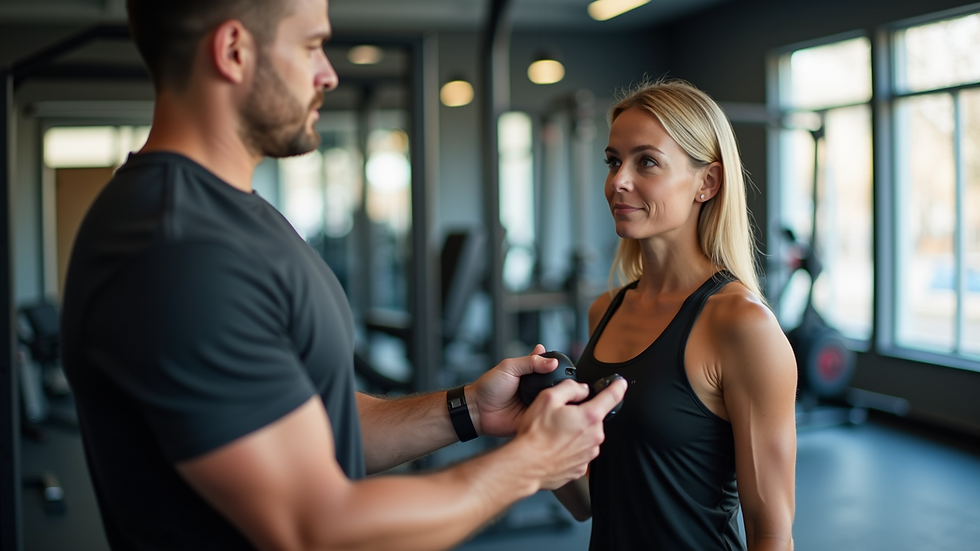 Close-up view of fitness trainer demonstrating exercise to participant