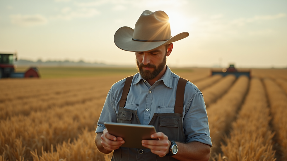 Eye-level view of a farmer analyzing data on a tablet in a field