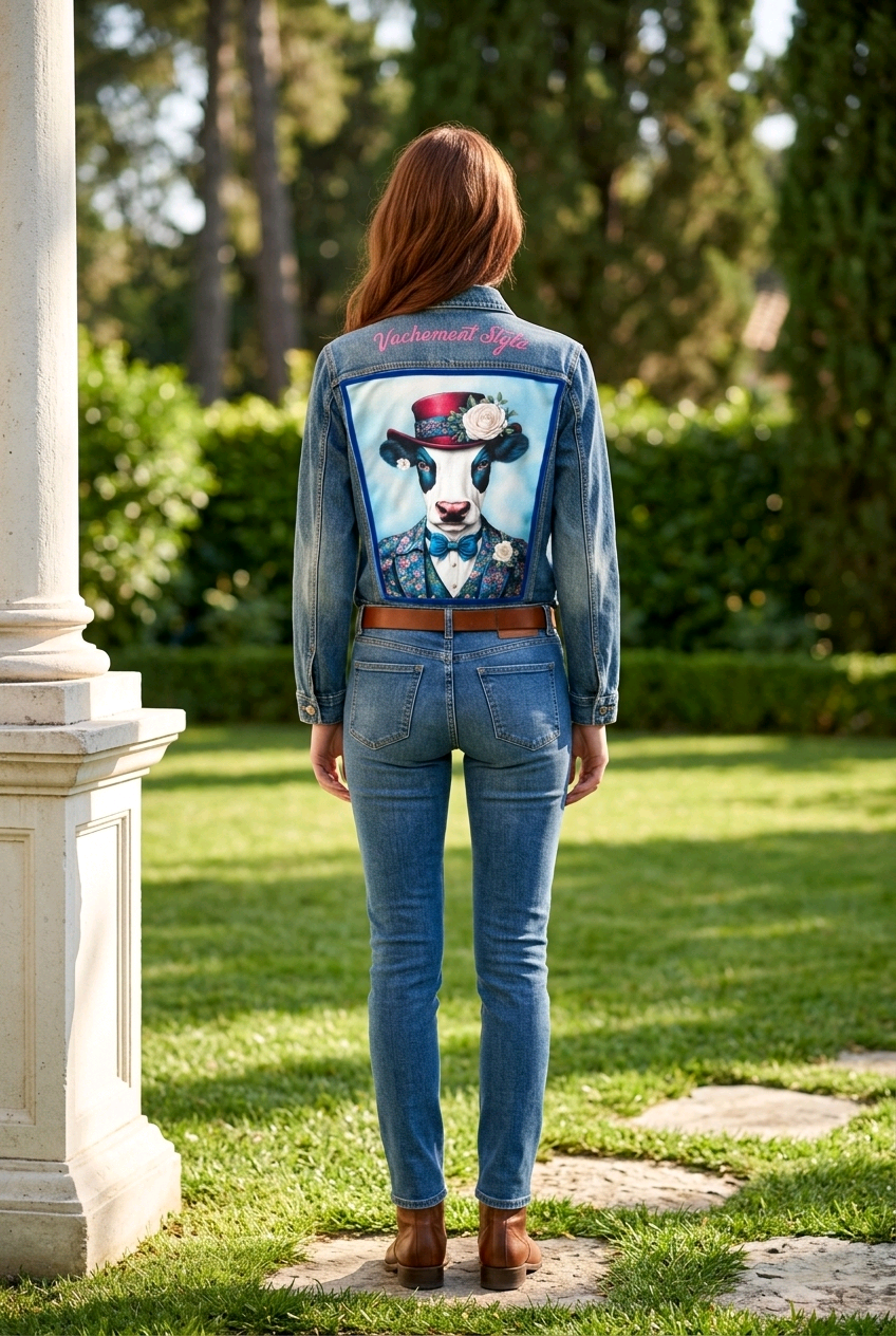 Miniature : Veste en jean Vachement stylé avec portrait de vache au dos.
