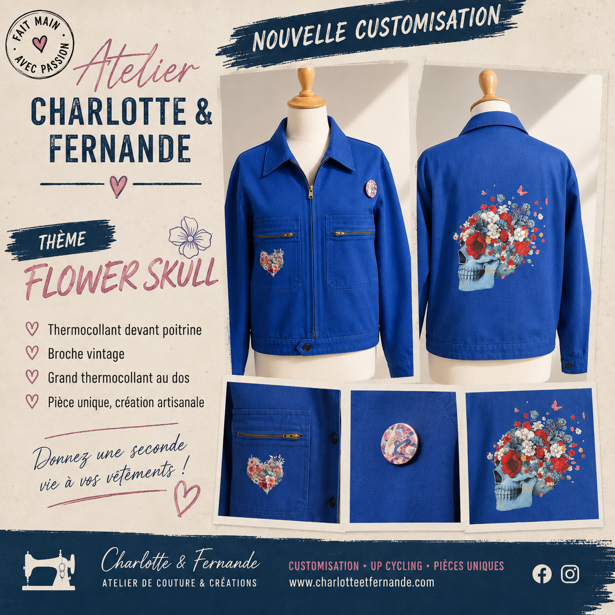 Blouson Bleu de travail esprit "Flower Skull"
