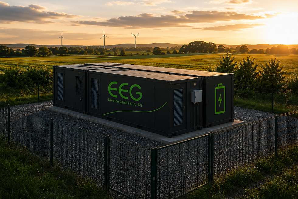 Batteriespeicher mit EEG Branding. KI generiert.