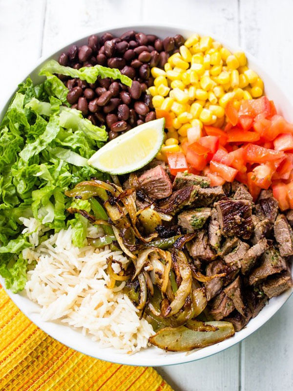 High Protein Dinner Recipe: Steak and Bean Burrito Bowl. 
