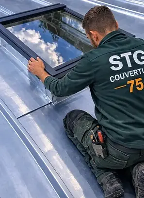 Pose d’une fenêtre de toit Velux sur une toiture en zinc à Paris par un couvreur STG Couverture 75