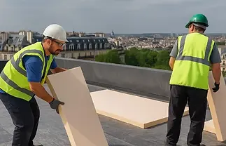 Isolation thermique d’un toit-terrasse à Paris – pose de panneaux isolants rigides avant étanchéité par des couvreurs étancheurs STG Couverture 75