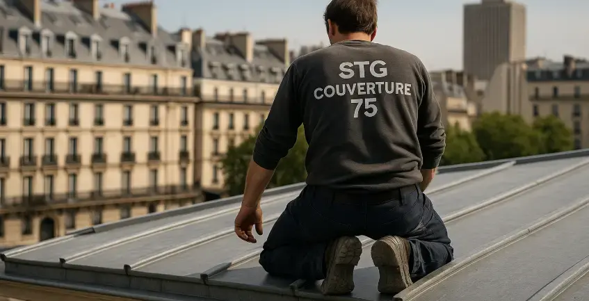 Couvreur zingueur STG Couverture 75 vu de dos, intervenant sur une toiture en zinc dans le quartier Nation à Paris 12