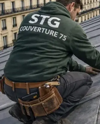 Couvreur zingueur STG Couverture 75 réalisant des travaux de zinguerie sur une toiture en zinc à Paris 12ᵉ arrondissement.