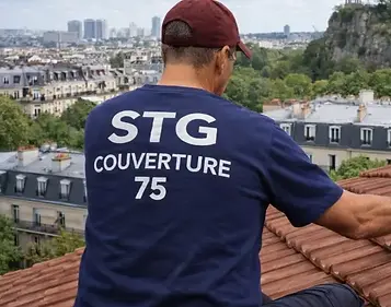 Couvreur STG Couverture 75 intervenant sur une toiture en tuiles mécaniques dans le 19ᵉ arrondissement de Paris
