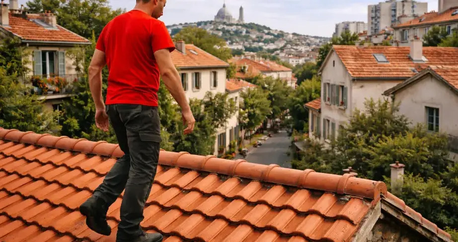 Couvreur intervenant sur une toiture en tuiles mécaniques dans le quartier de la Mouzaïa à Paris 19, maisons traditionnelles en arrière-plan