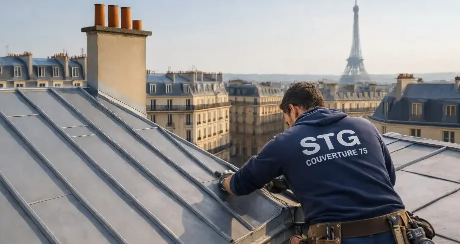 Couvreur zingueur STG Couverture 75 réparant une toiture en zinc sur un immeuble haussmannien dans le 17ᵉ arrondissement de Paris.