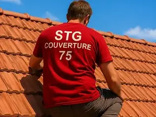 Couvreur STG Couverture 75 intervenant sur une toiture en tuiles mécaniques à Paris 14