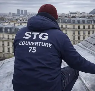 Couvreur zingueur STG Couverture 75 intervenant sur une toiture en zinc dans le 19ᵉ arrondissement de Paris