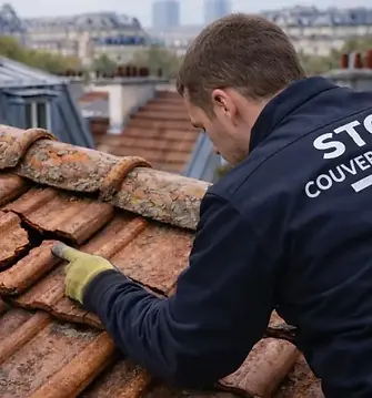 Couvreur STG Couverture 75 inspectant une fissure sur une toiture en tuiles mécaniques dans le 19ᵉ arrondissement de Paris