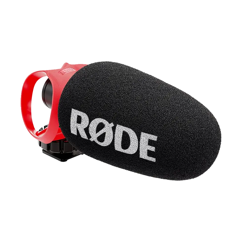 RØDE VideoMicro microphone and its accessories (deadcat, foam windscreen, shock mount, and cable) displayed out of the box.