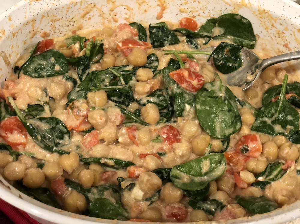 Baked Feta with Tomatoes, Chickpeas & Spinach
