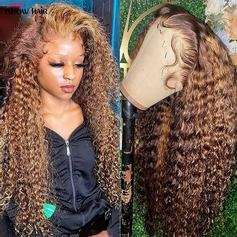 Ishow Deep Wave Lace Frontal Wig 13X4 HD Highlight Wig Human Hair Glueless Honey