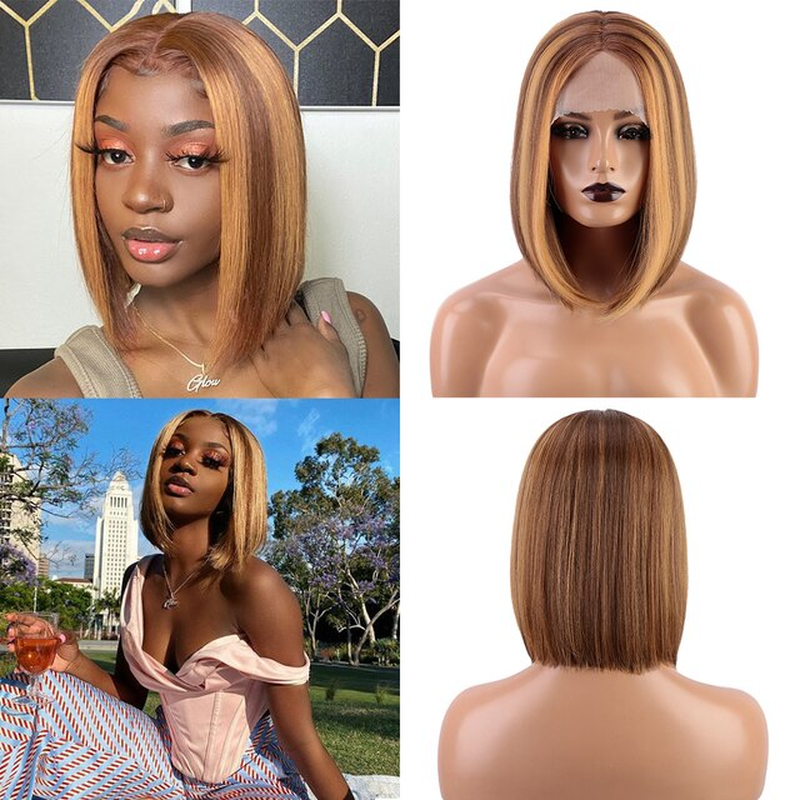 Thumbnail: Black Brown Short Straight Lace Part Wigs for Women Synthetic Lace Wigs Middle P