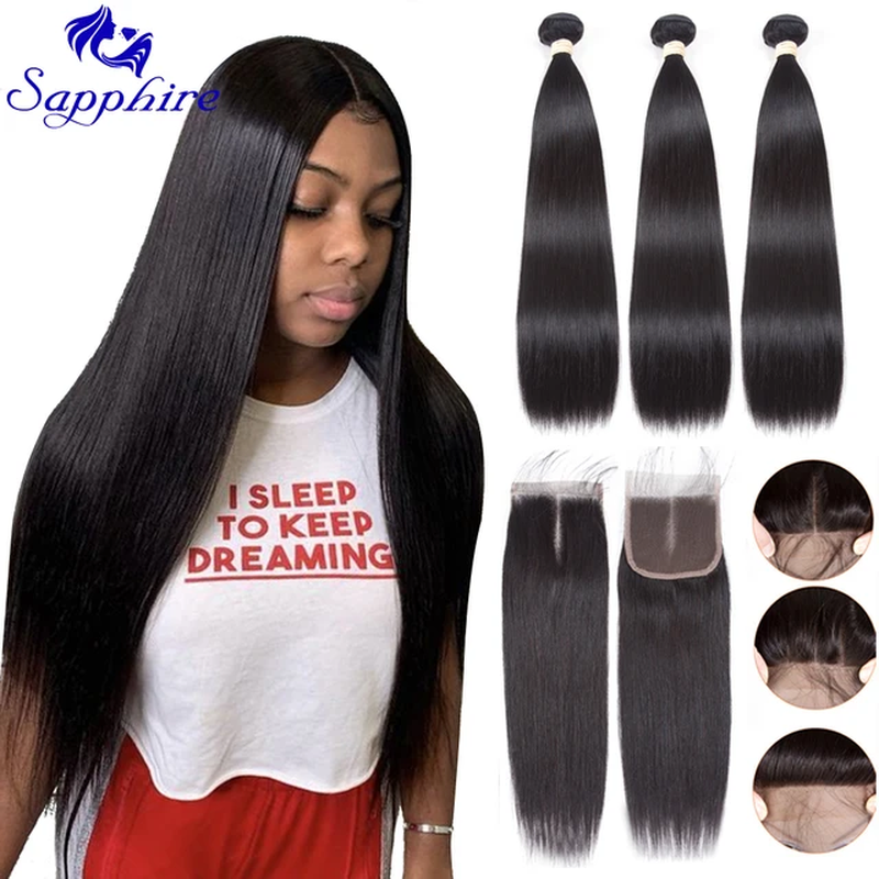 30" Bone Straight Bundles with Closure Brazilian Hair Weave Bundles with Closure