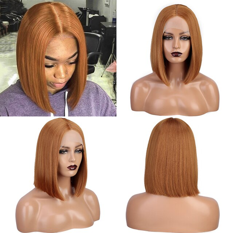 Thumbnail: Black Brown Short Straight Lace Part Wigs for Women Synthetic Lace Wigs Middle P