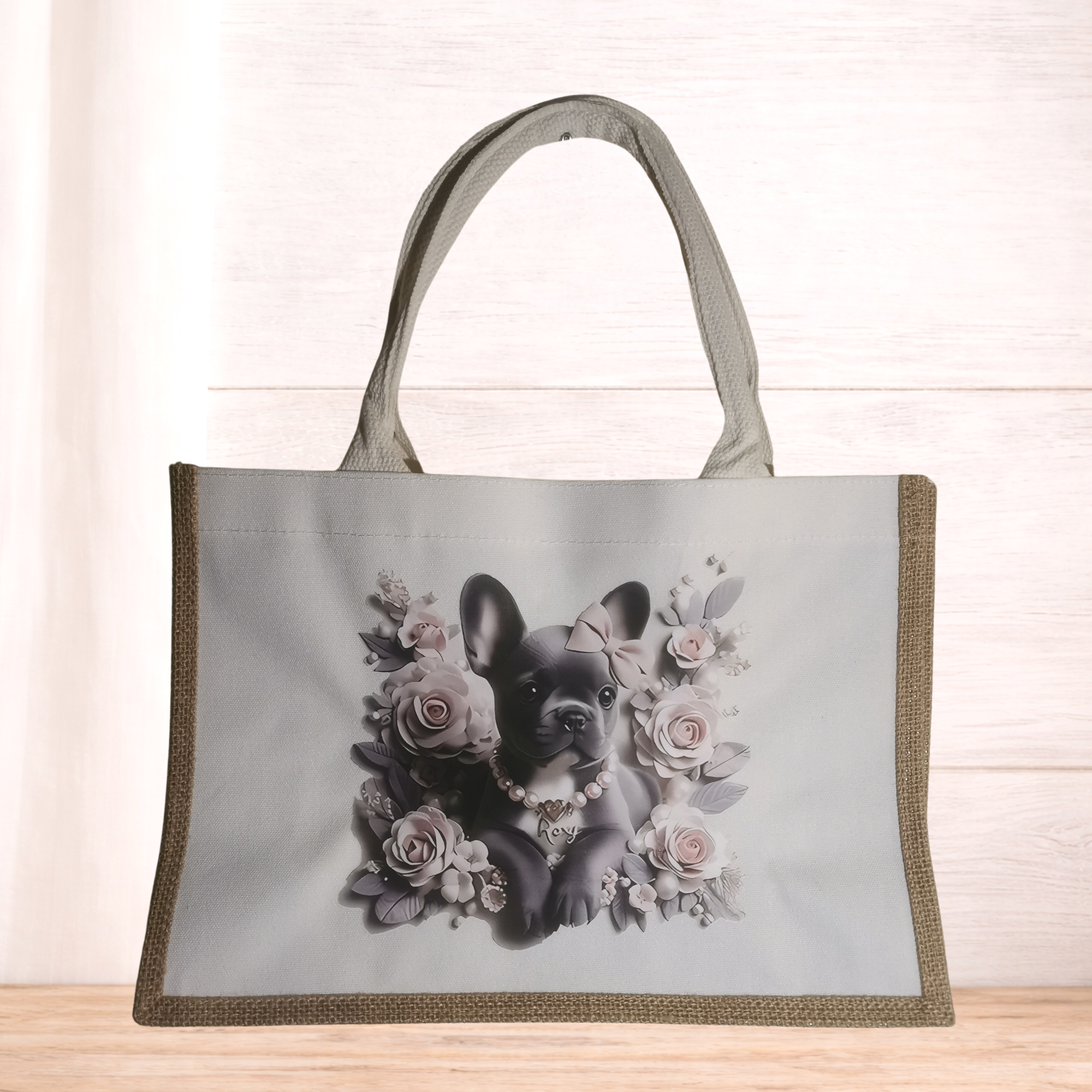Floral French Bulldog medium landscape tote bag, reusable linen style shopper for dog lovers