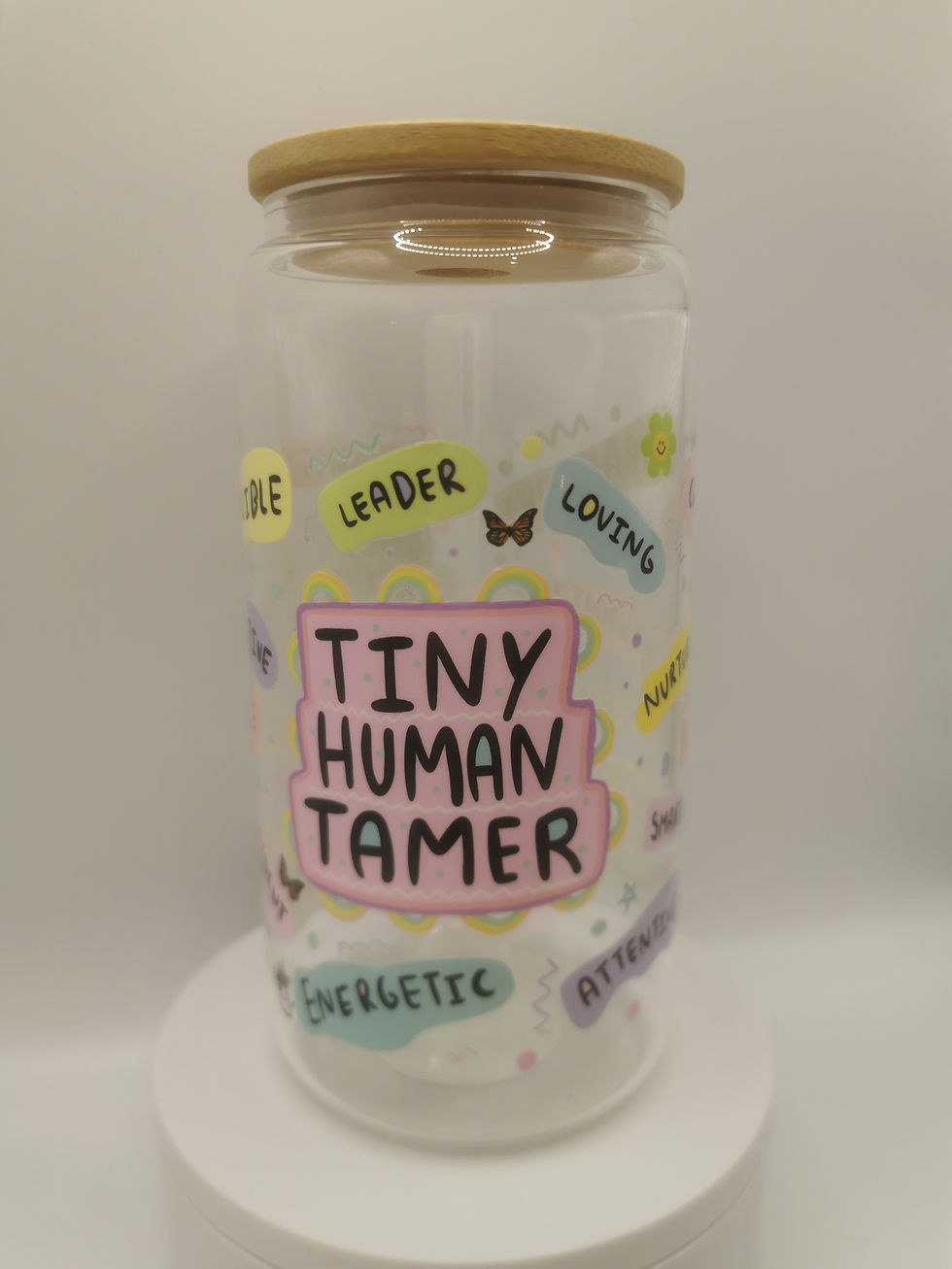 Thumbnail: Tiny Human Tamer glass tumbler with bamboo lid, 16oz glass cup gift for teachers