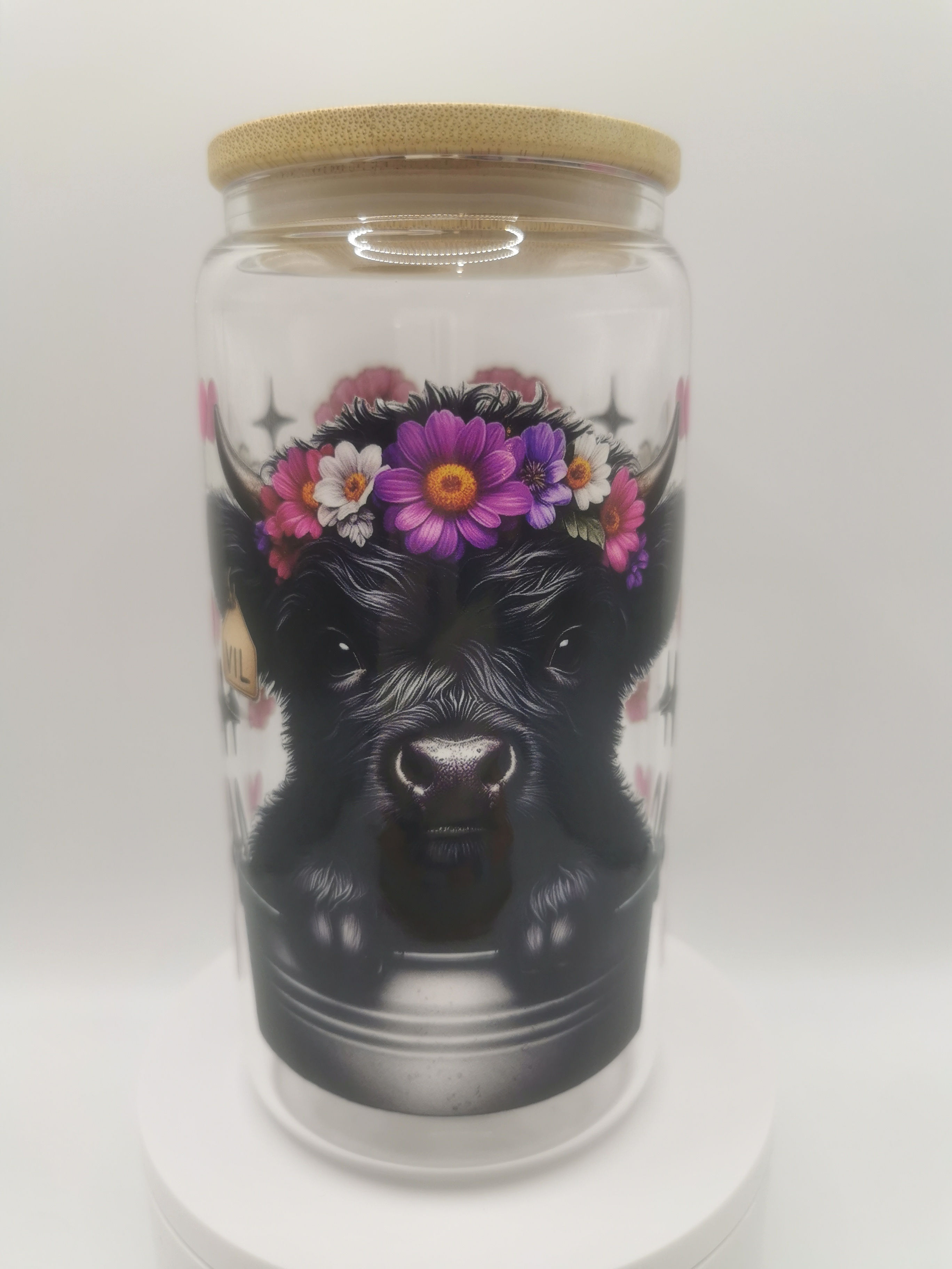 Black highland cow floral glass tumbler with bamboo lid, 16oz glass cup featuring floral crown cow design