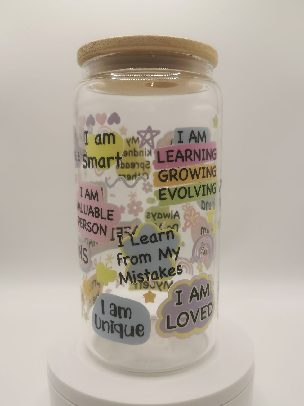 Thumbnail: Kids daily affirmations glass tumbler with bamboo lid, 16oz glass cup featuring positive messages for children