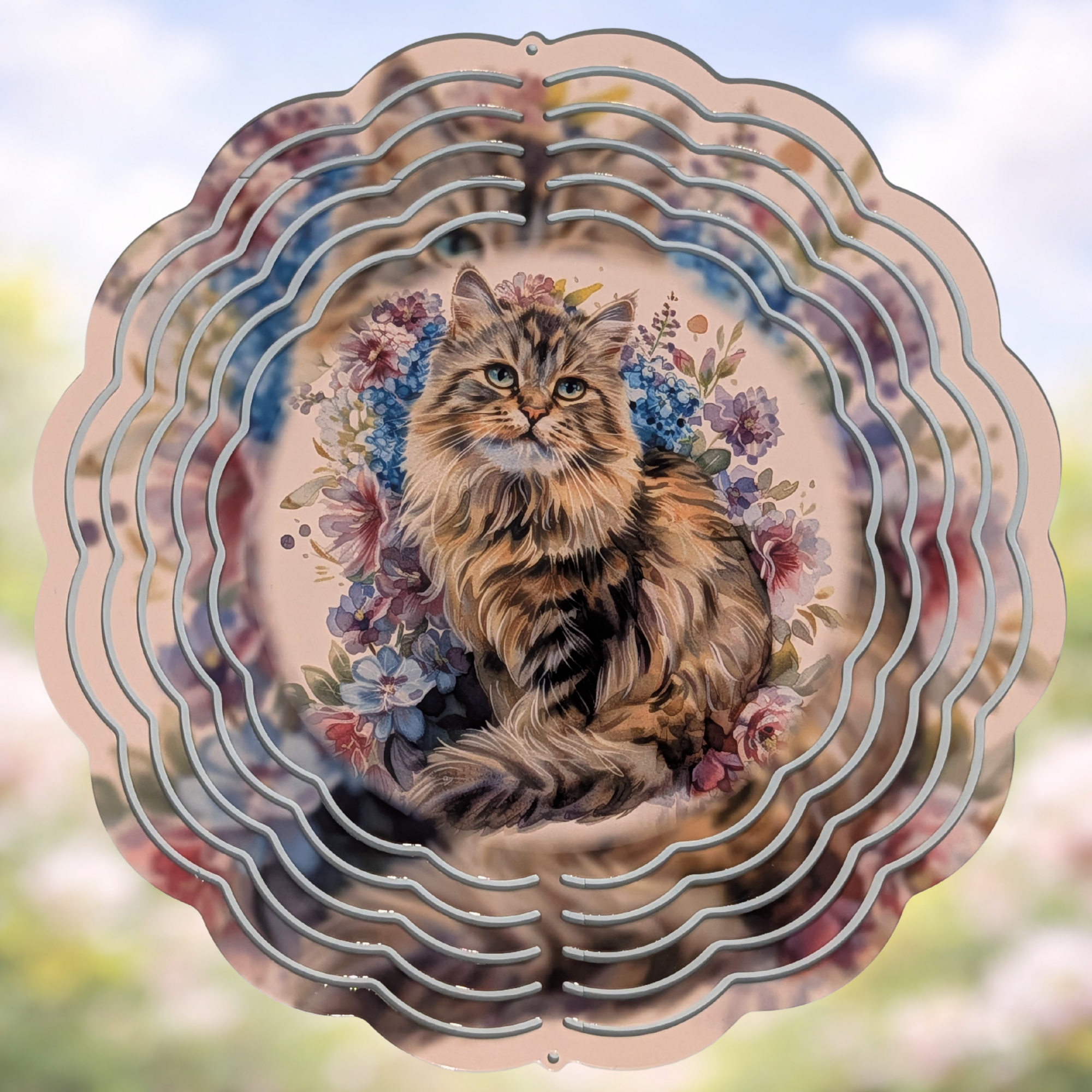 long-haired cat wind spinner surrounded by flowers, handmade garden decoration or gift