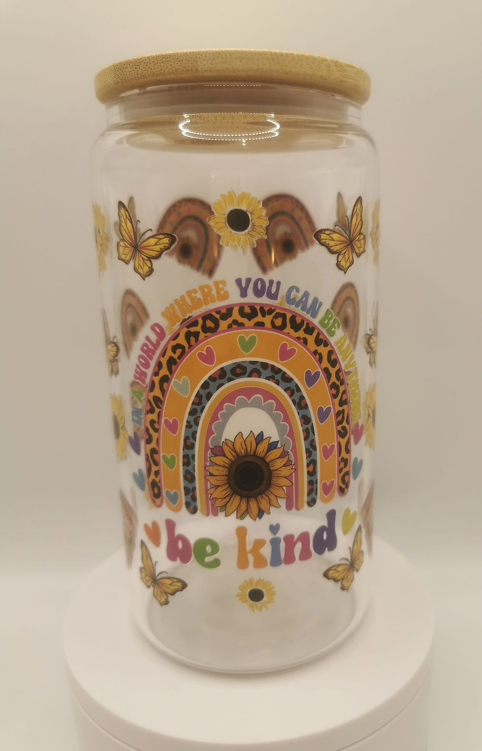 Thumbnail: Be Kind rainbow glass tumbler with bamboo lid, 16oz glass cup featuring sunflower and rainbow positivity design