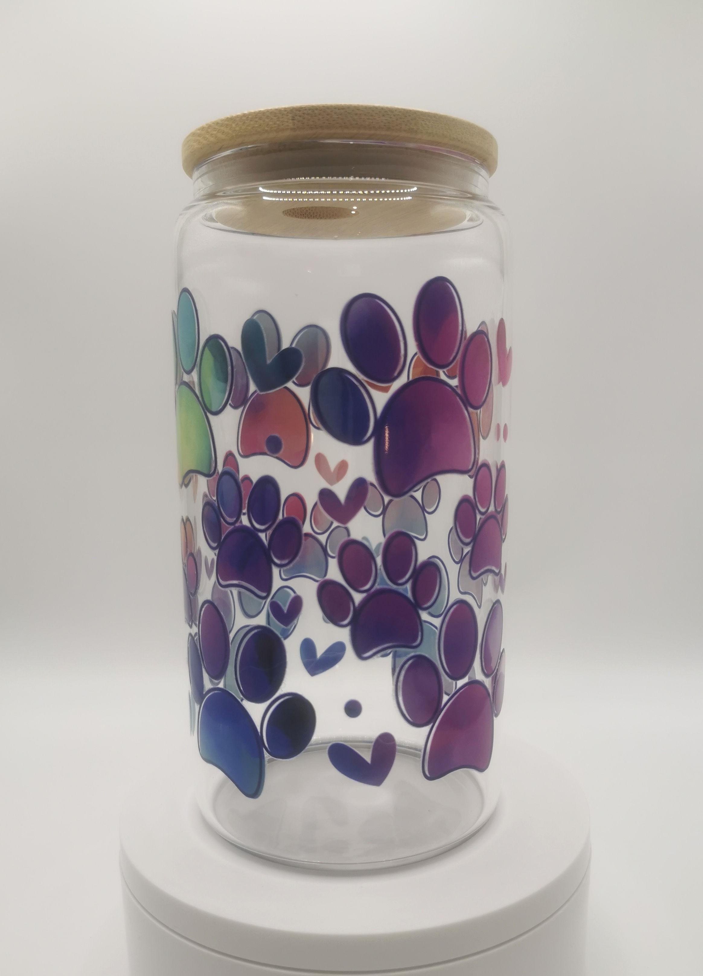 Colourful paw print glass tumbler with bamboo lid, 16oz glass cup featuring bright paw print design