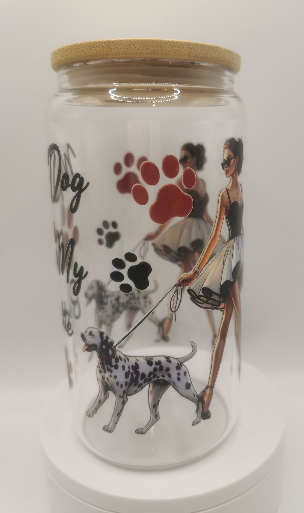 Thumbnail: My Dog Is My Bestie glass tumbler with bamboo lid, 16oz glass cup featuring dog mum quote design