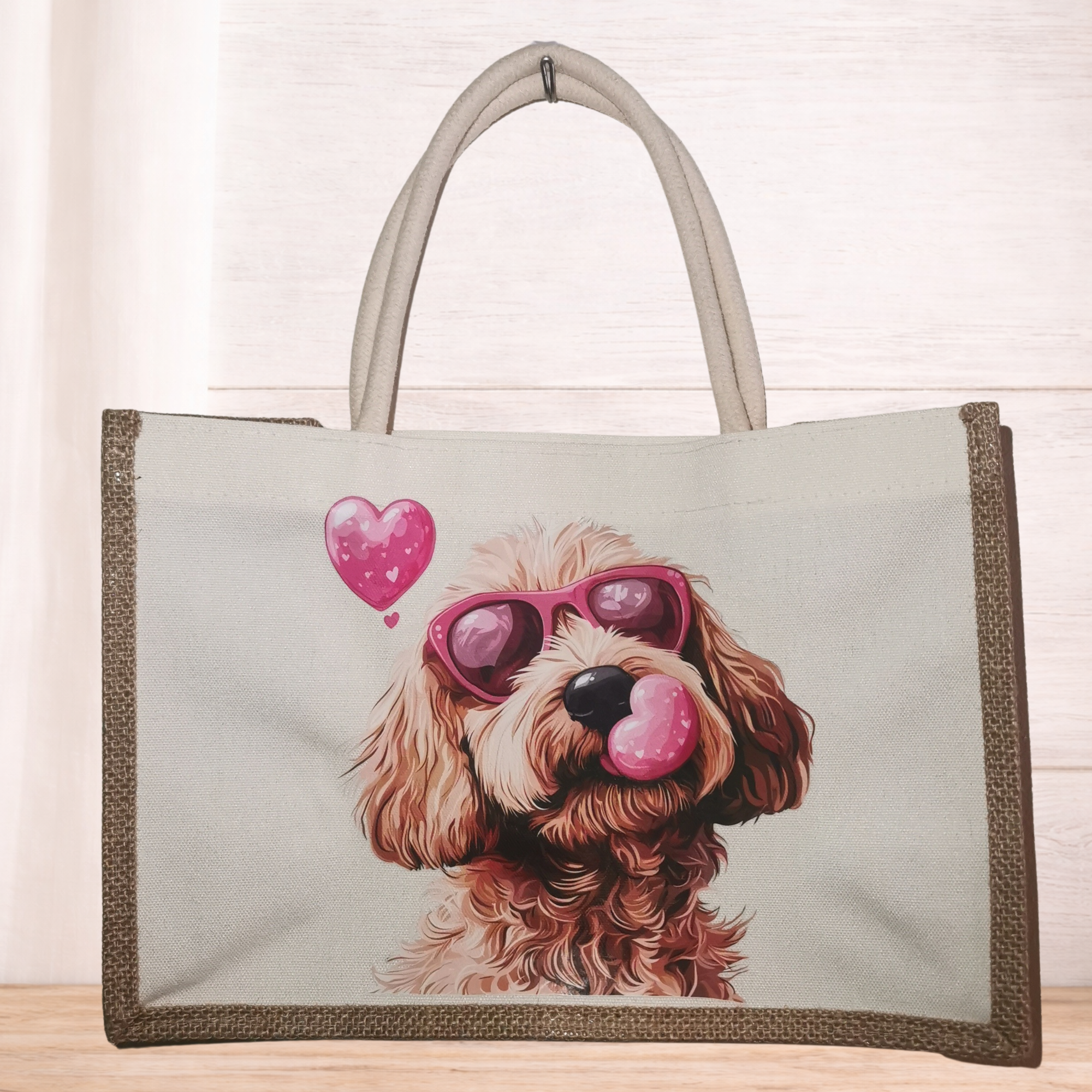 Cockapoo tote bag, reusable burlap style shopping bag for dog lovers
