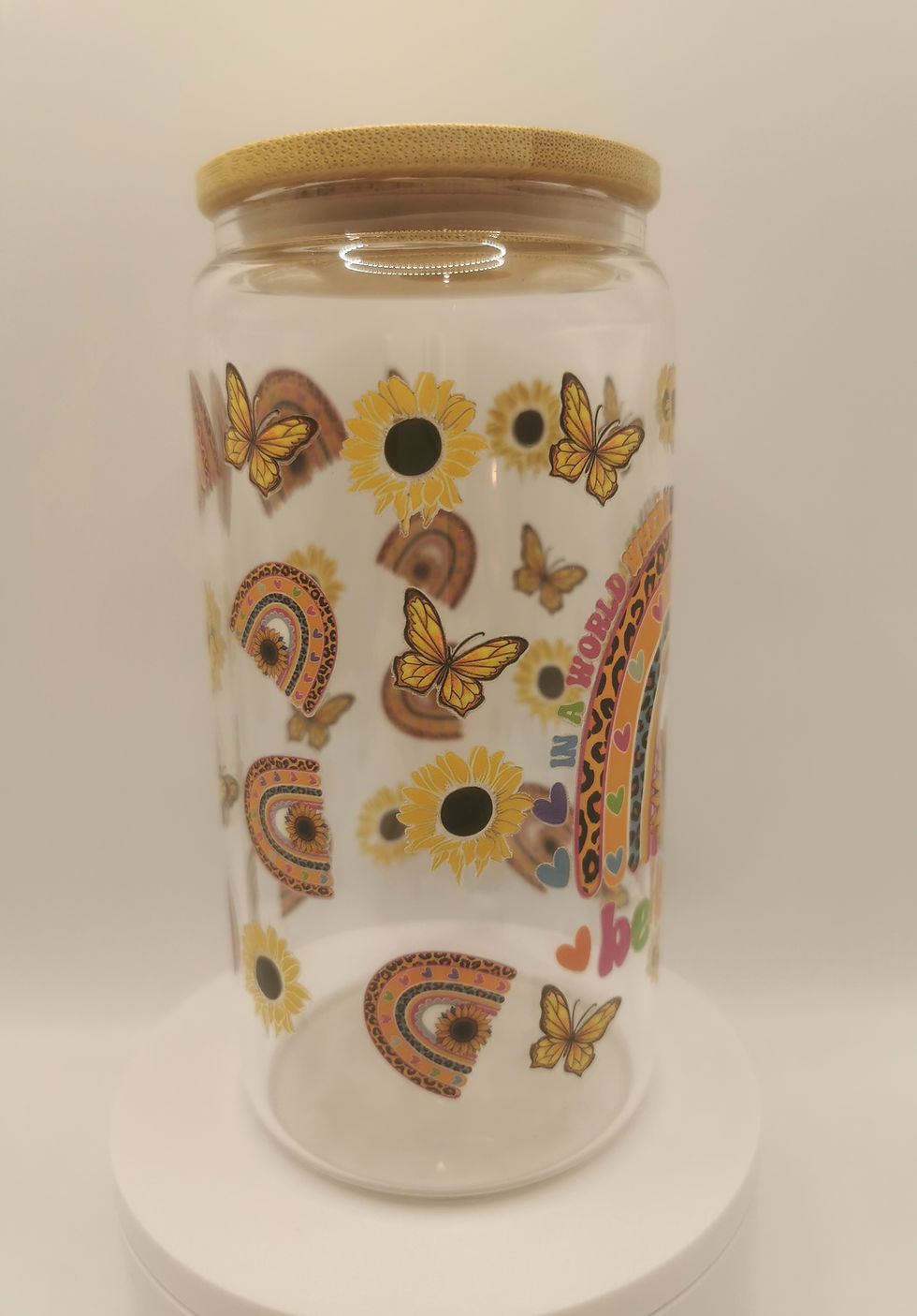 Thumbnail: Be Kind rainbow glass tumbler with bamboo lid, 16oz glass cup featuring sunflower and rainbow positivity design