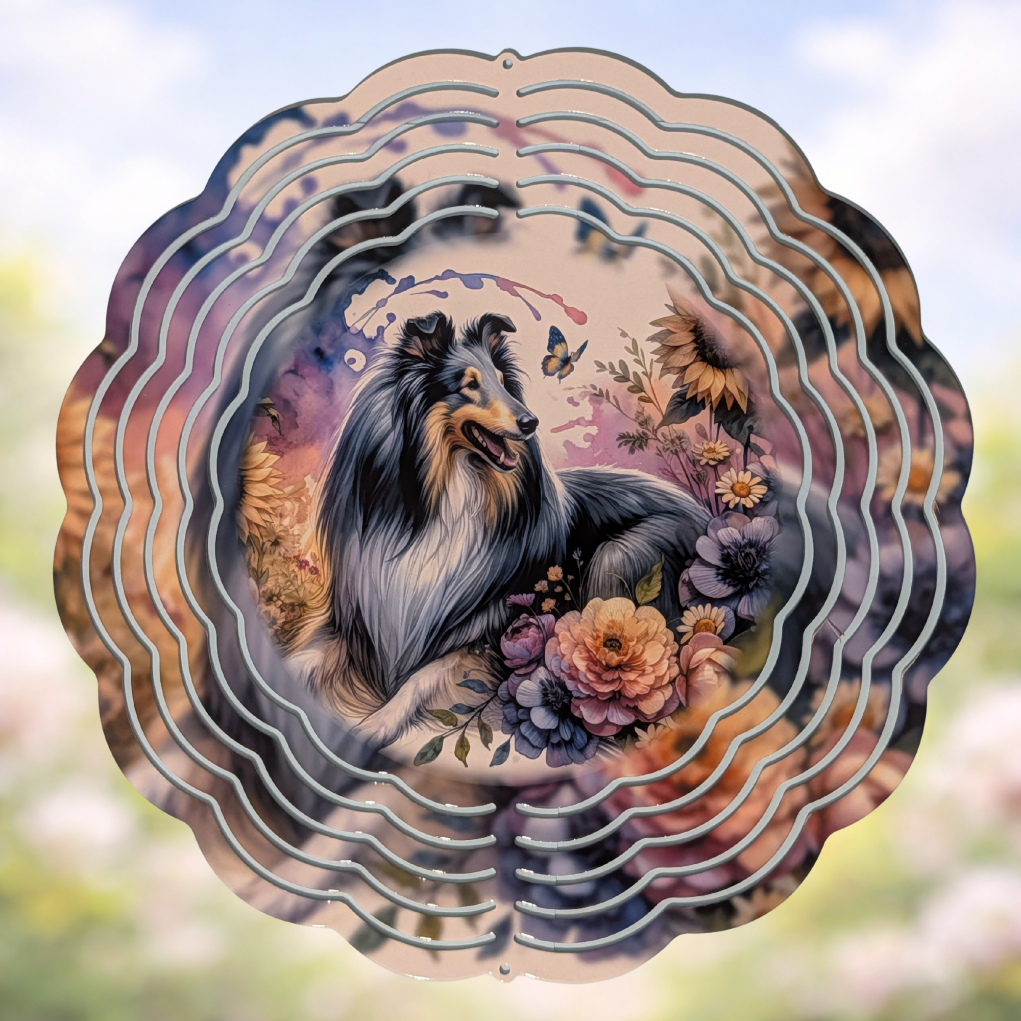 Rough Collie with flowers wind spinner for home & garden décor