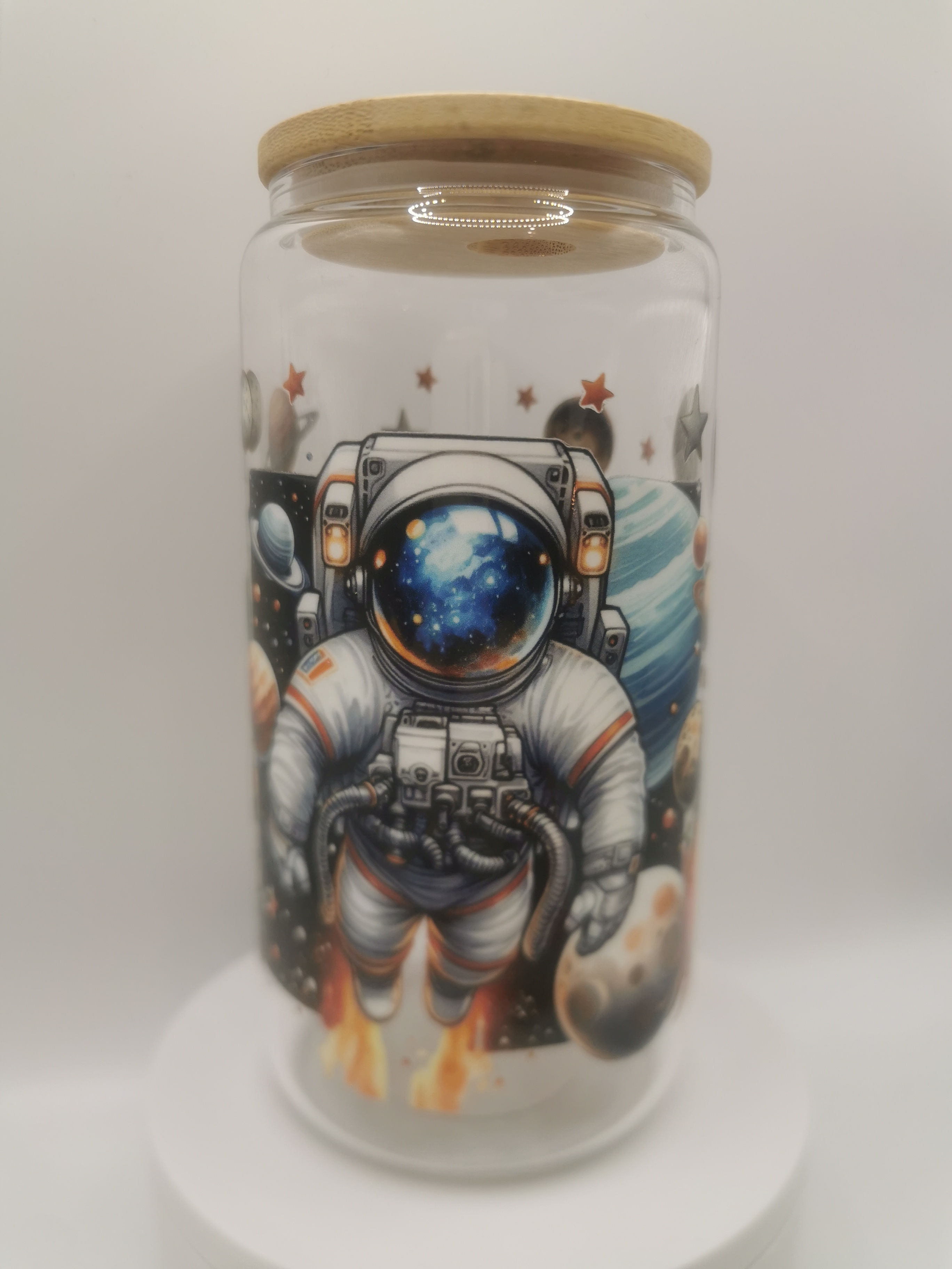 Astronaut space glass tumbler with bamboo lid, 16oz glass cup featuring astronaut and planet design