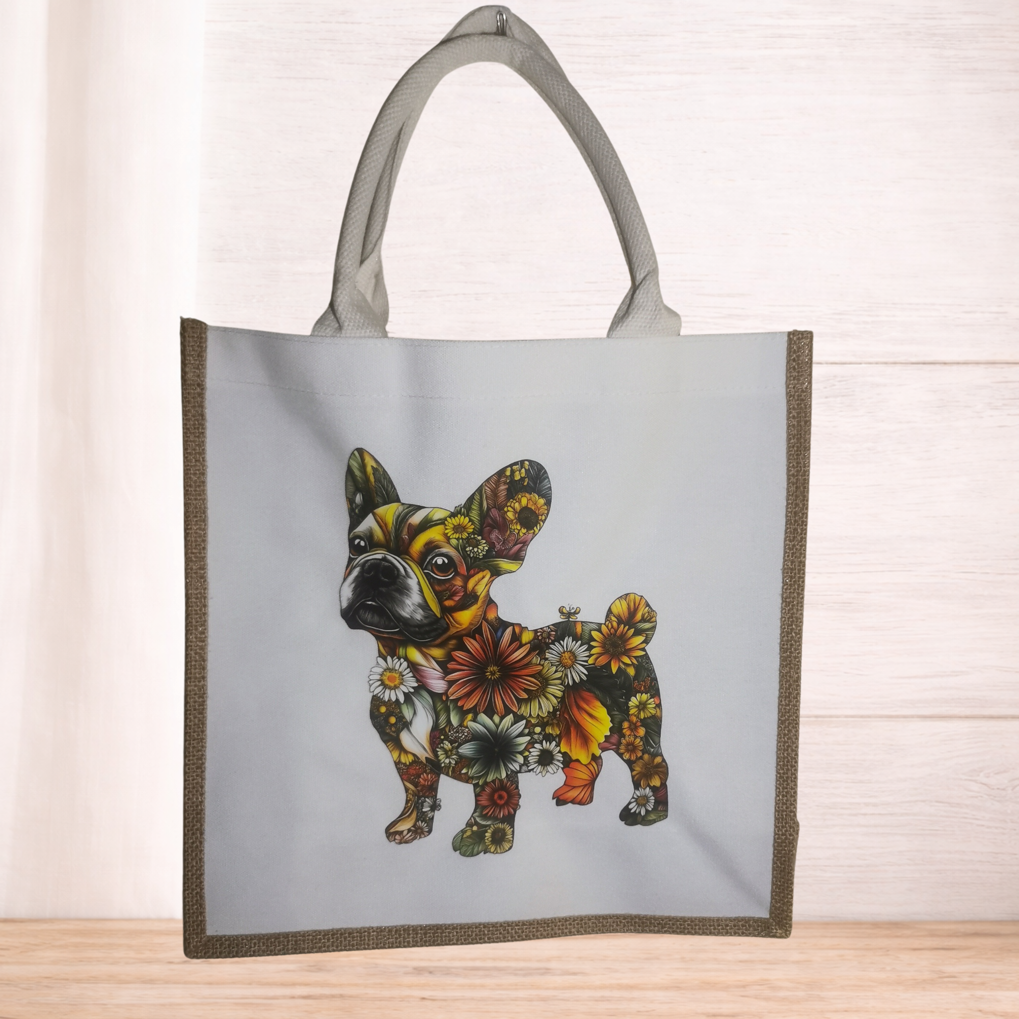 Floral French Bulldog medium square tote bag, reusable linen style dog lover shopper