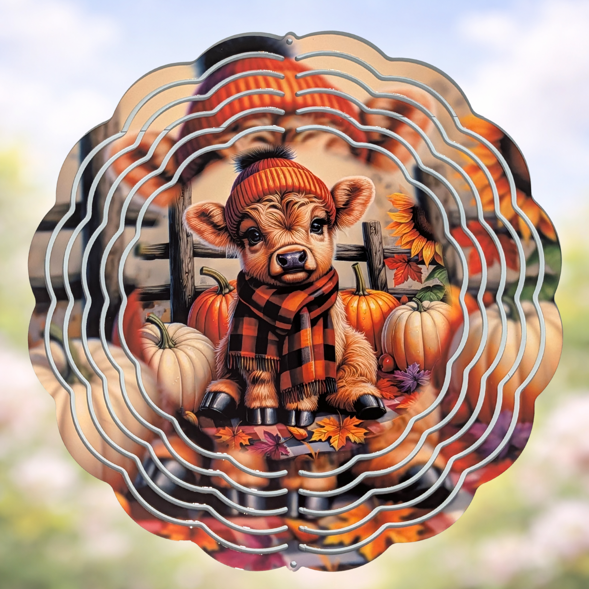 Highland cow wind spinner with autumn pumpkin and fall leaves, handmade garden decoration gift