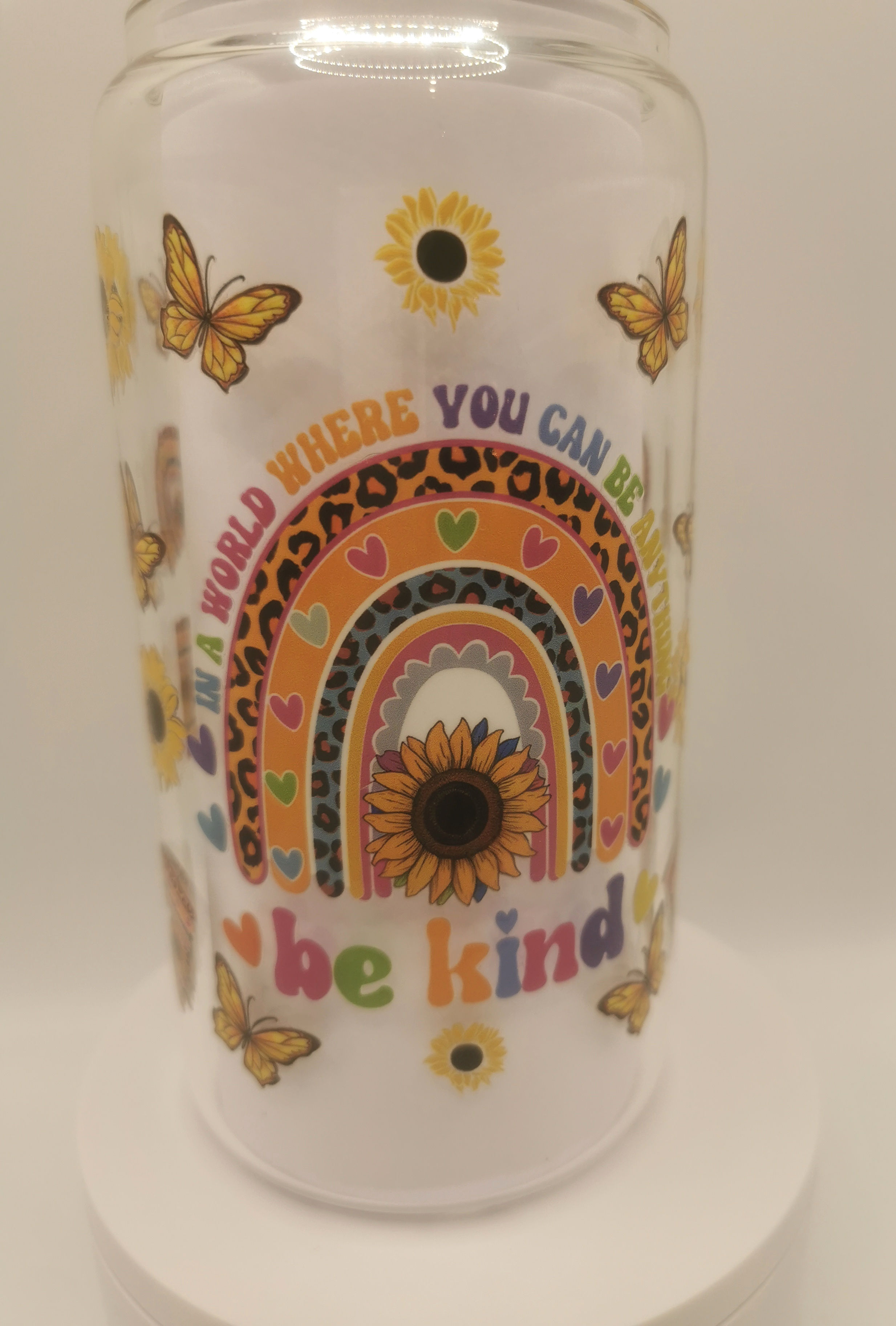 Be Kind rainbow glass tumbler with bamboo lid, 16oz glass cup featuring sunflower and rainbow positivity design